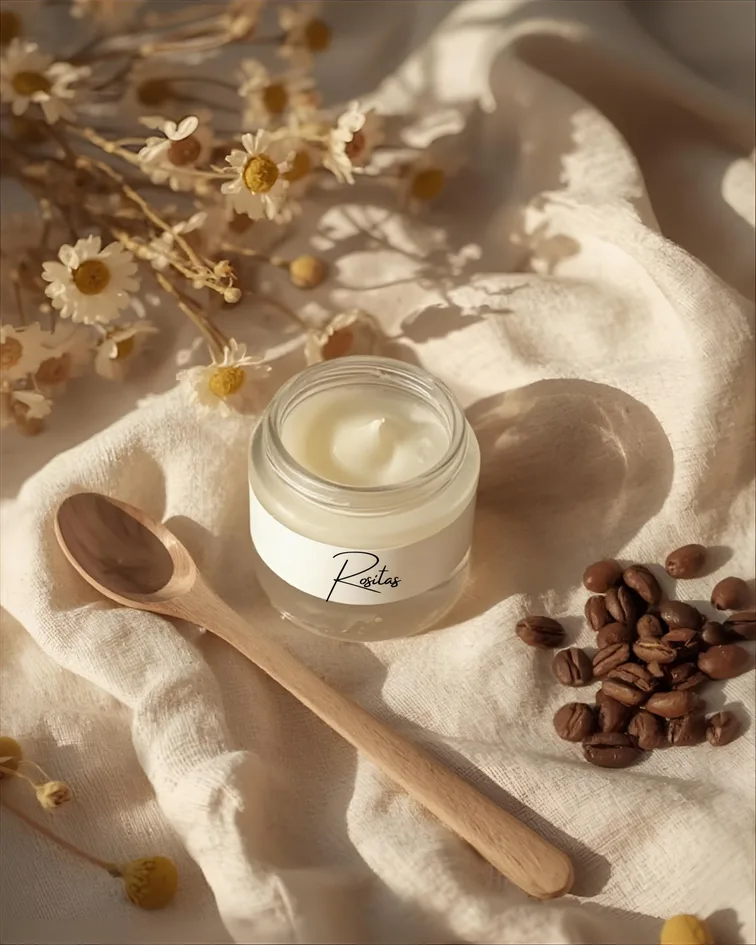 Rositas cream in warm daylight with dried chamomile
