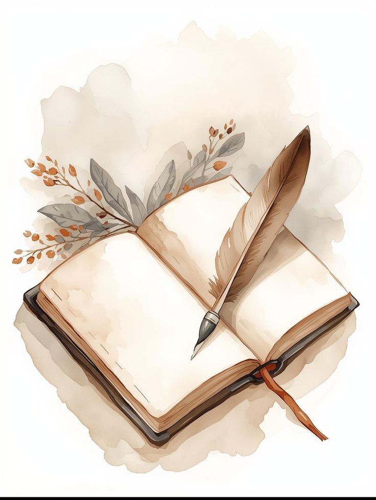 Watercolour illustration of an open journal and quill