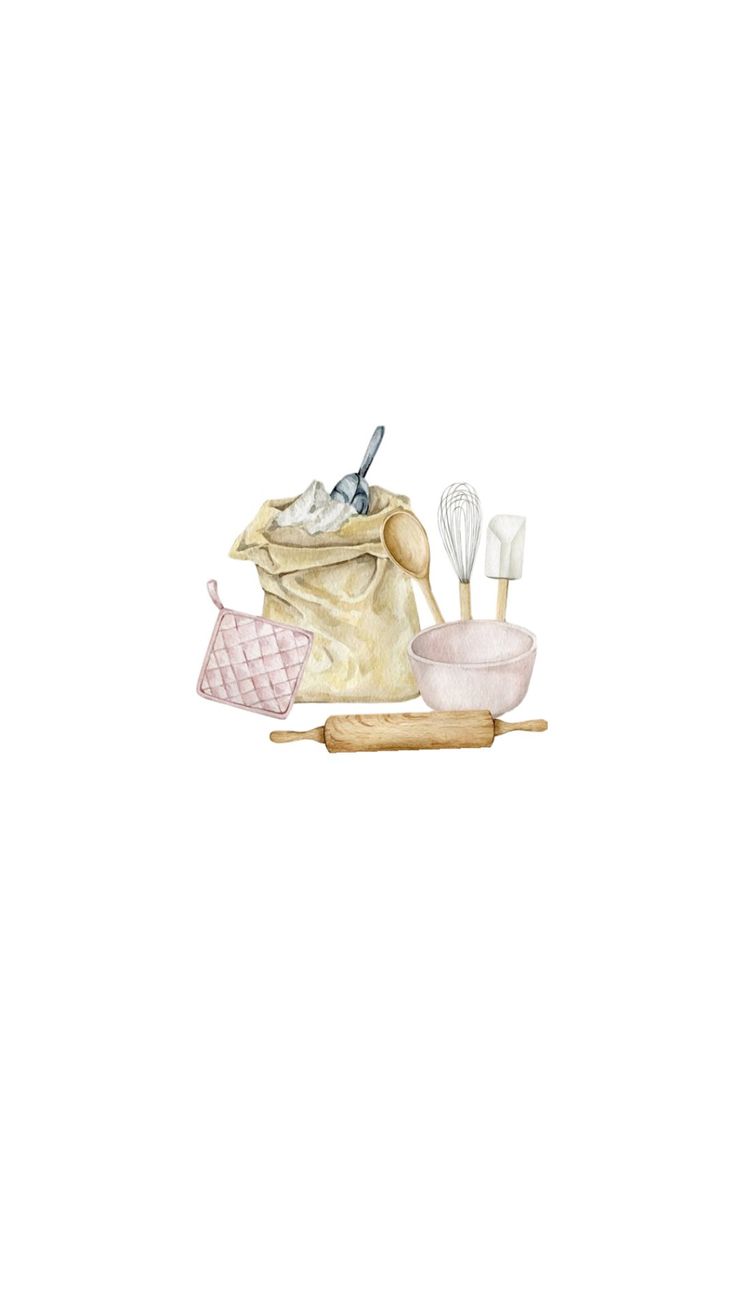 Watercolour illustration of baking tools and a mixing bowl